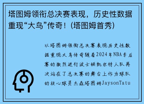 塔图姆领衔总决赛表现，历史性数据重现“大鸟”传奇！(塔图姆首秀)