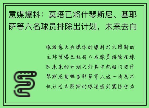 意媒爆料：莫塔已将什琴斯尼、基耶萨等六名球员排除出计划，未来去向成疑