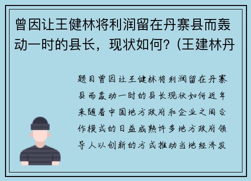 曾因让王健林将利润留在丹寨县而轰动一时的县长，现状如何？(王建林丹寨县长视频)