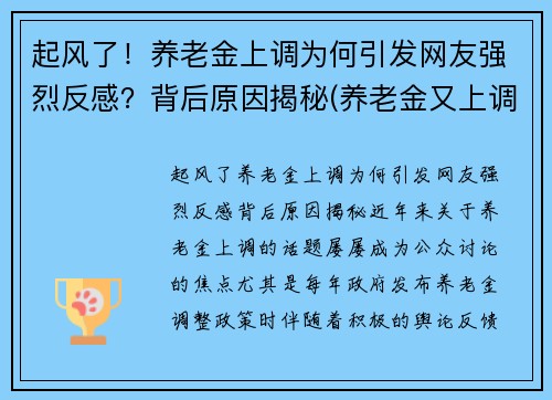 起风了！养老金上调为何引发网友强烈反感？背后原因揭秘(养老金又上调了是真的吗)