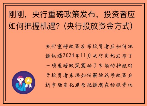 刚刚，央行重磅政策发布，投资者应如何把握机遇？(央行投放资金方式)