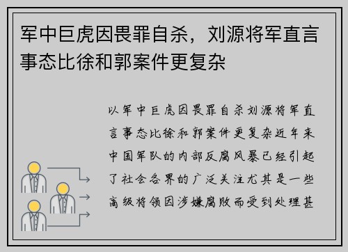 军中巨虎因畏罪自杀，刘源将军直言事态比徐和郭案件更复杂