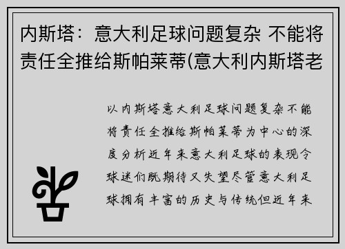 内斯塔：意大利足球问题复杂 不能将责任全推给斯帕莱蒂(意大利内斯塔老婆)