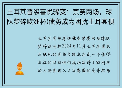 土耳其晋级喜悦骤变：禁赛两场，球队梦碎欧洲杯(债务成为困扰土耳其俱乐部的首要心病)
