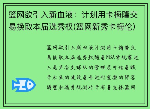 篮网欲引入新血液：计划用卡梅隆交易换取本届选秀权(篮网新秀卡梅伦)